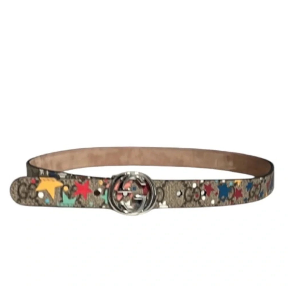 Authentic Gucci luxury designer signature GG star print leather belt kids sz S